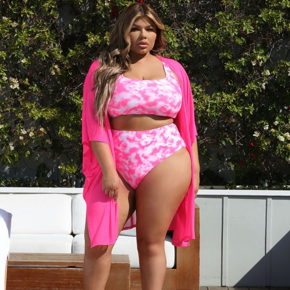 Pink tie die bathing suit with matching cover up